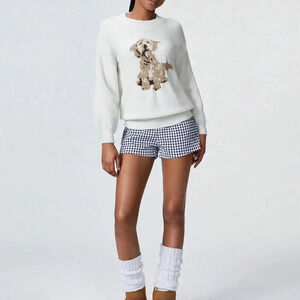 White Casual Women's Round Neck Dog Graphic Pullover Sweater